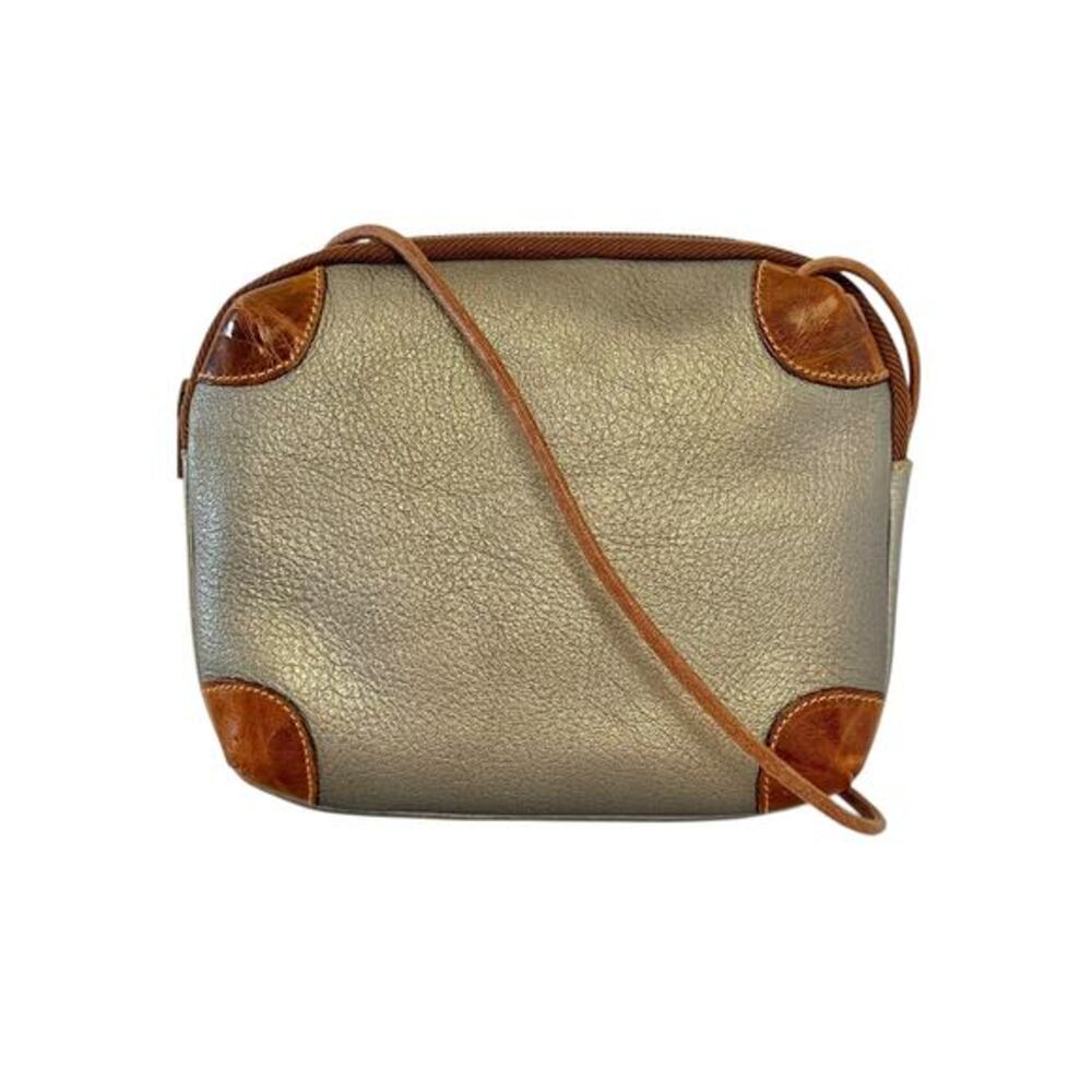 Vintage Furla Silver Metallic Leather Croc-Embossed Trim Crossbody Bag